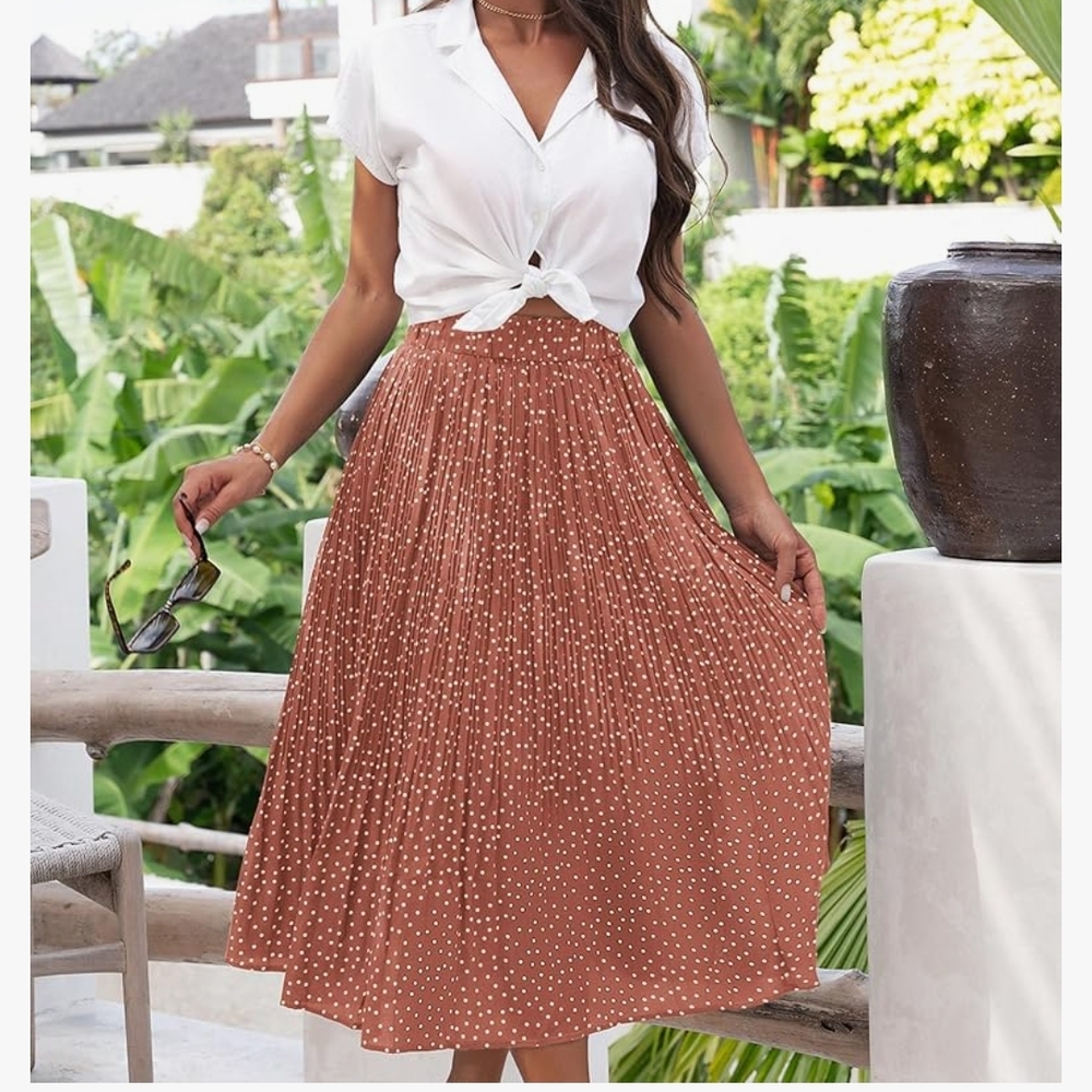 *NWT* Pink Polka Dot High Waisted A-Line Pleated Midi Skirt Women's XXL